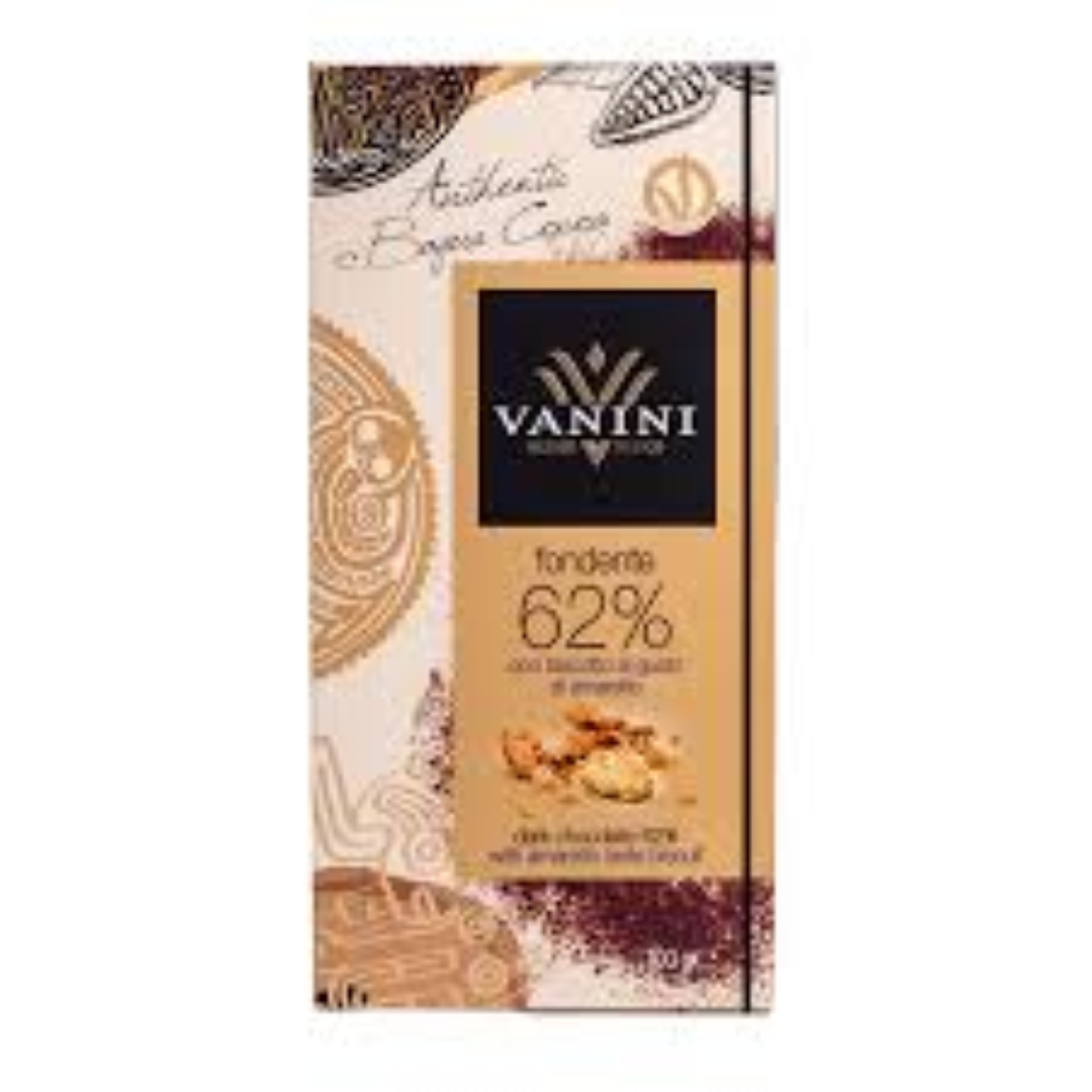 VANINI DARK 62% CHOC BAR AMARETTO BISCUIT 100G